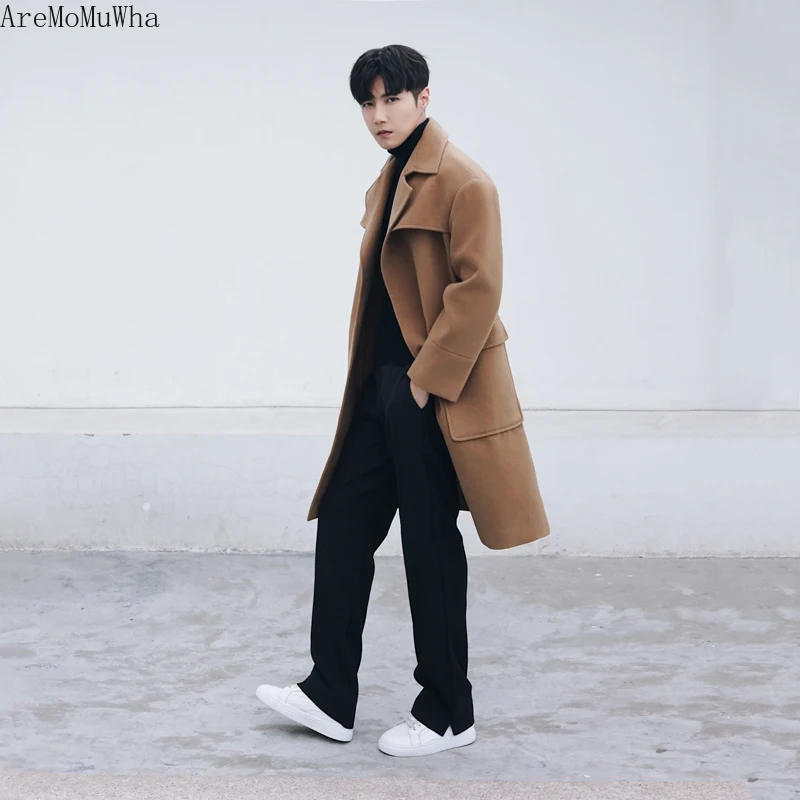 

Wool BlendsWinter 2020 New Men's Wool Coat Warm Casual Loose Men's Mid-length Wool Windbreaker Cashmere Brown Woolen Coat M-2XL