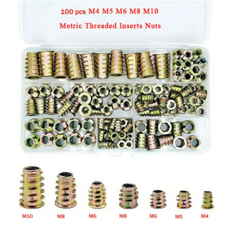 

100pcs M4 M5 M6 M8 M10 Woodworking Screw Inserts Nuts Kit Over Drive Insert Nuts Threaded Hex Drive Driver Nuts