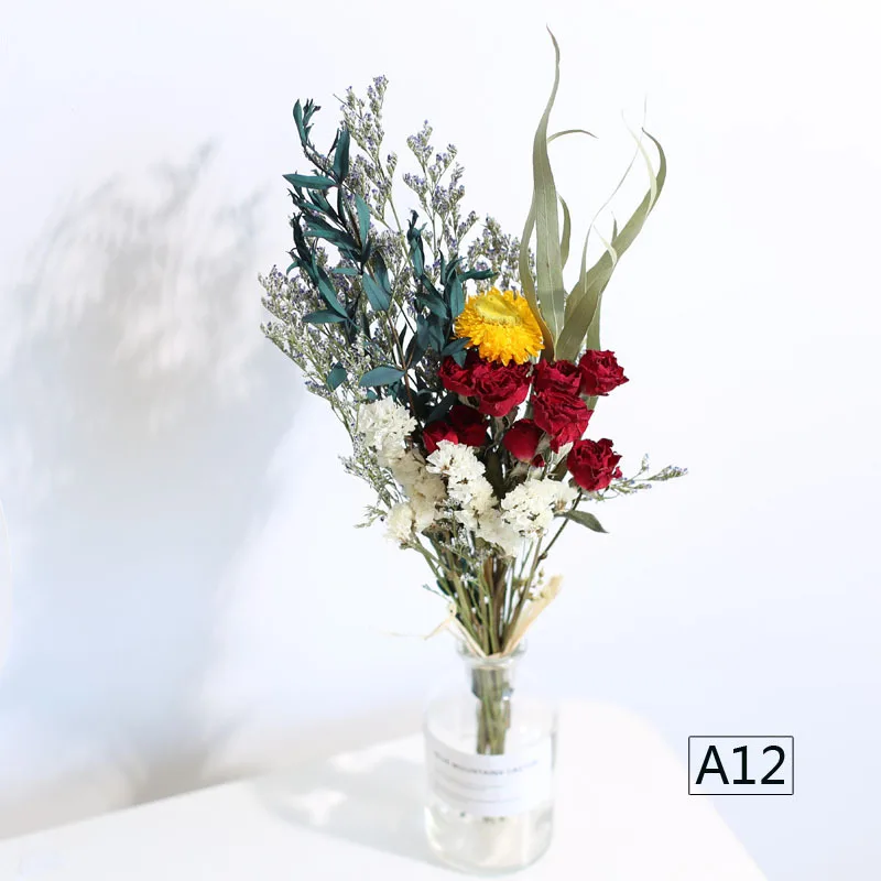 A12with vase Сухой цветок искусственный букет из сушеных цветов розы Forget-me-not листья эвкалипта северные растения украшение для дома комнаты с вазой - Цвет: A12with vase