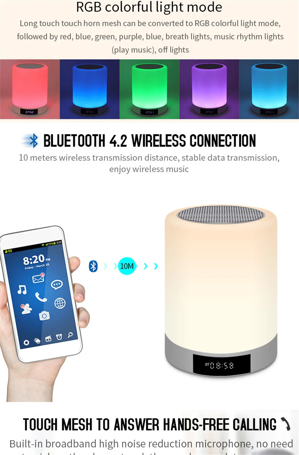 ASTRORA Сенсорная лампа Bluetooth динамик будильник прикроватный Ночной светильник с регулируемой яркостью теплый белый светильник 7 цветов 3 яркости
