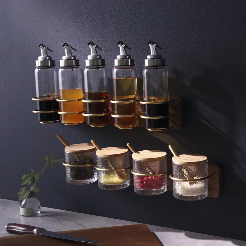  Brass and Black Walnut Wood Kitchen Shelf Seasoning Jars Spice Rack with Glass Cup Wall-mounted Pun - 4000299480787