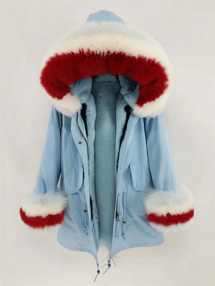 sky blue shell Новинка, зимняя женская большая куртка с воротником из лисьего меха, с капюшоном, настоящая подкладка из кроличьего меха Рекс, пальто, Камуфляжная парка, верхняя одежда - Цвет: sky blue shell
