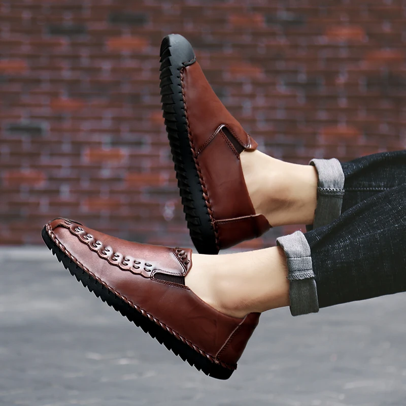 Soft Leather Men Loafers New Handmade Casual Shoes Men Moccasins for Men Split Leather Flat Shoes Big Size