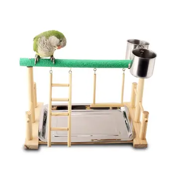 

Wood Parrot Playstand Perch Playstand Gym Stand Playpen Ladder with Feed Cups Tray Cockatiel Bird Exercise Play Toys