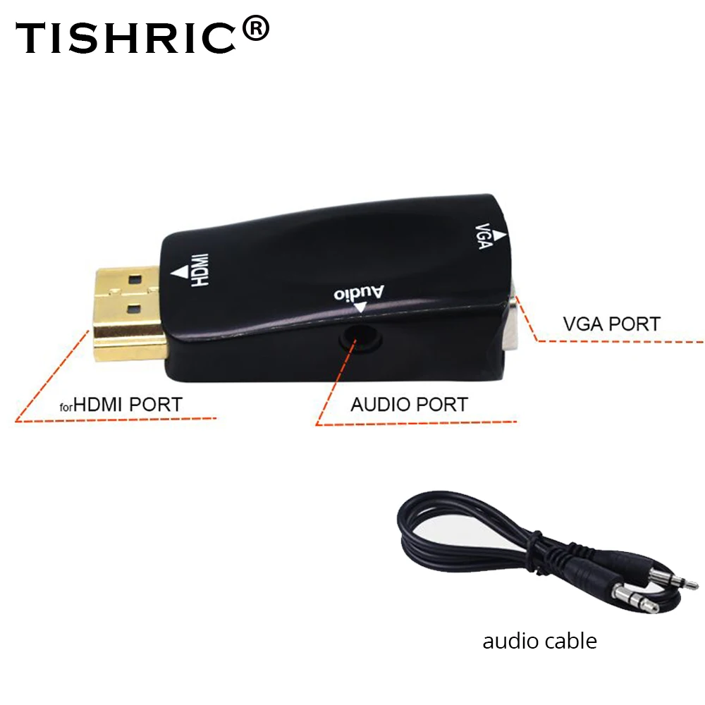 

TISHRIC HDMI To VGA Video Converter Adapter Box Male to Female With Audio Cable To 1080p For PC Laptop TV Box Projector