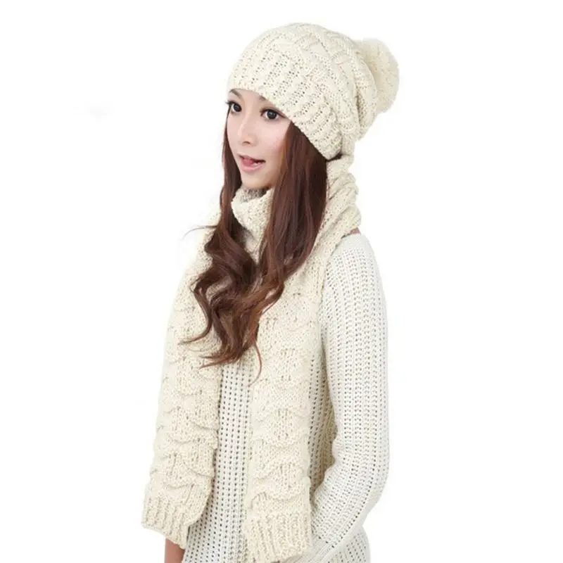 Женская зимняя вязаная шапка, шарф, набор, одноцветная шапка с помпоном, шапка, шейный платок