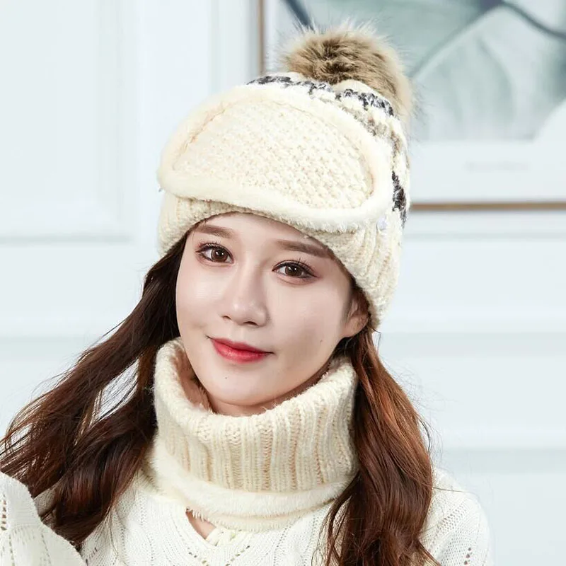 Женская вязаная шапка, шарф, маска, комплект из трех предметов, модная шерстяная вязаная шапка, воротники, женские теплые зимние шапки, ветрозащитная шапка с защитой для лица, комплект