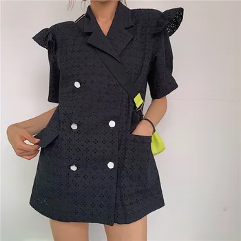 

2020 Summer New Korean fashion Lace Hollow out Embroidery Double Breasted Butterfly Sleeve Loose Coat Suit Jacket free Belt
