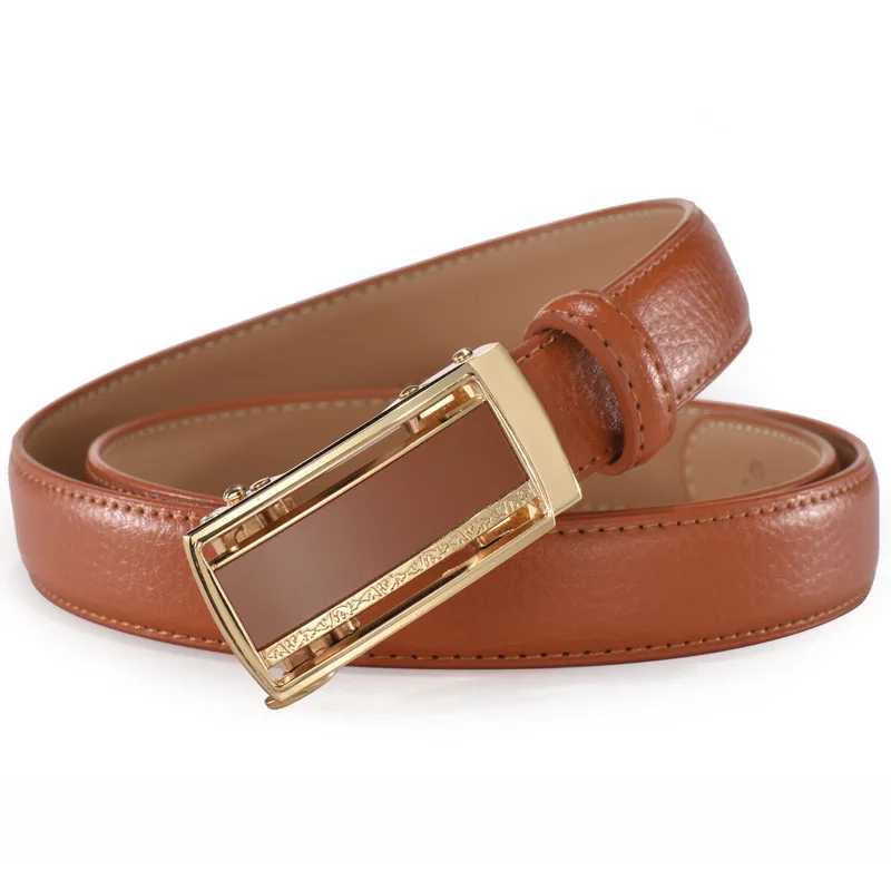 Automatic Buckle Women Belts Leisure Jeans Narrow Belt Luxury Brand Genuine Strap Women Designer Female Belt w/2.4cm - Color: Orange
