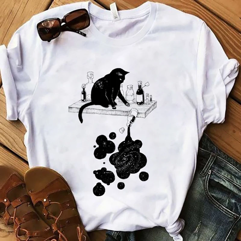 Женская футболка с принтом Black Cat and Ink забавная коротким рукавом Эстетическая