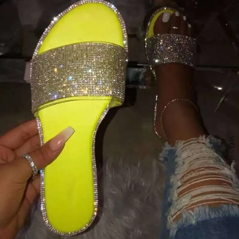 Sandalias planas con purpurina para mujer, zapatillas con joyas, con pala  de cristal, para playa|Sandalias de mujer| - AliExpress