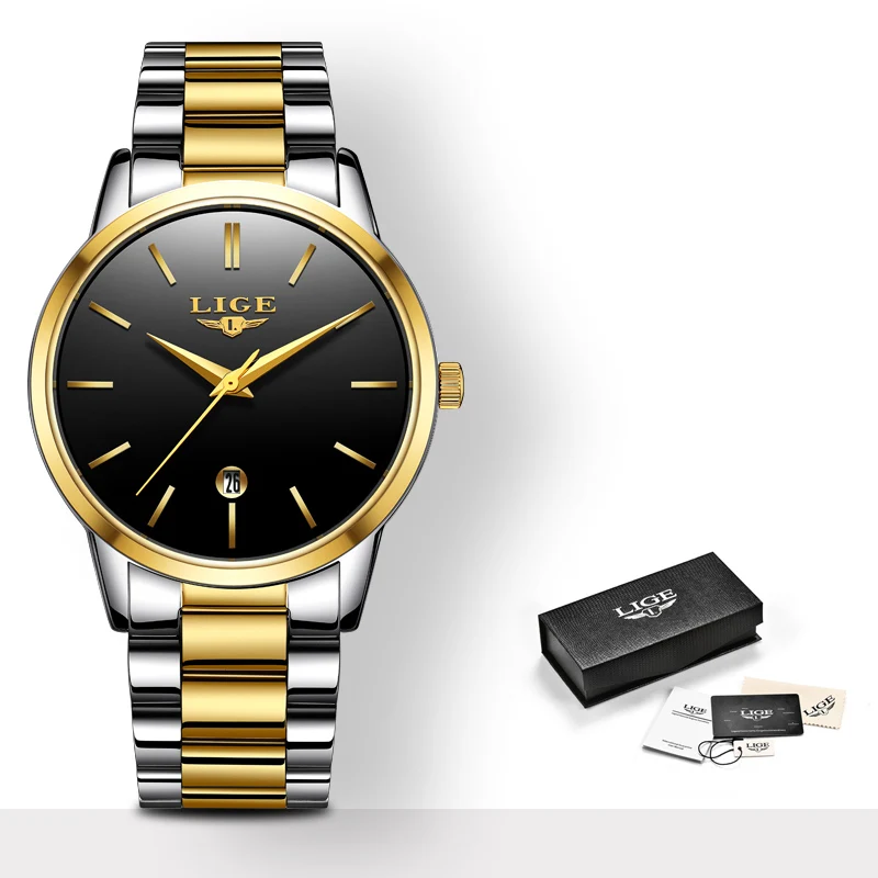 LIGE мужские часы с силиконовым ремешком, мужские военные спортивные часы, мужские водонепроницаемые часы из нержавеющей стали, золотые кварцевые часы, мужские часы - Цвет: Gold black
