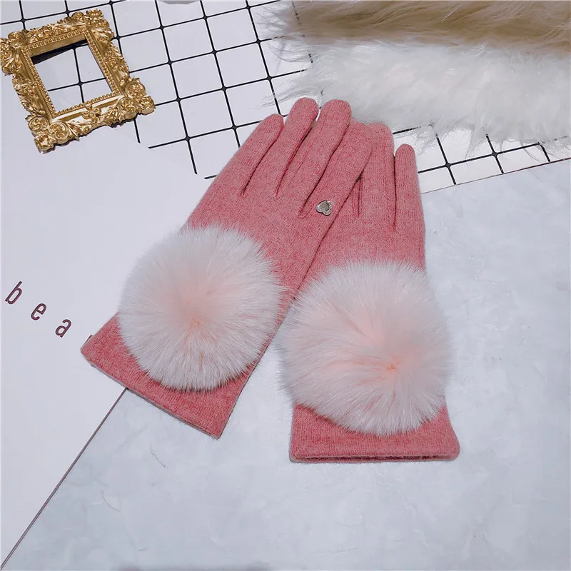 New Women Winter Fox Fur Ball Accessories Keep Warm Touch Screen Thicken Plus Cashmere Luxury Style Cycling Elegant Gloves 13