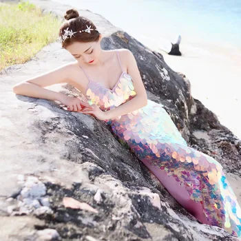 

2020 summer new sequins V-neck sling holiday dress split long skirt beach skirt