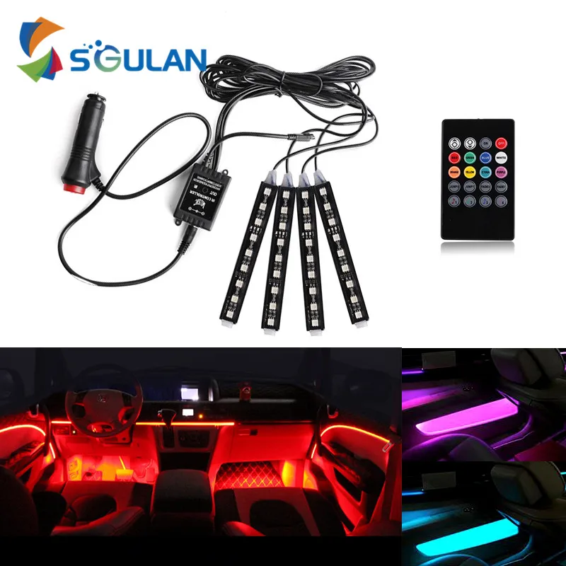 

1 Set Car LED Lights RGB Colorful Music Remote Control Interior For Cars Front Back Decoration Lamp RGB Colors Floor Light Strip