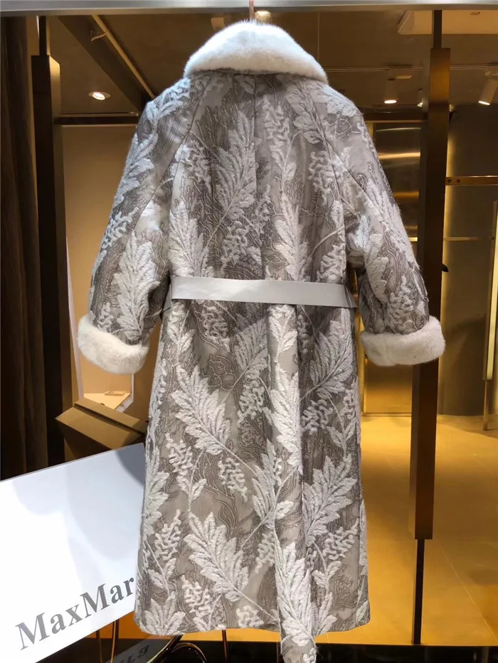 Роскошное вышитое двухстороннее шерстяное пальто для женщин, Воротник из натурального меха норки, манжеты, Длинная ветровка, зимняя куртка