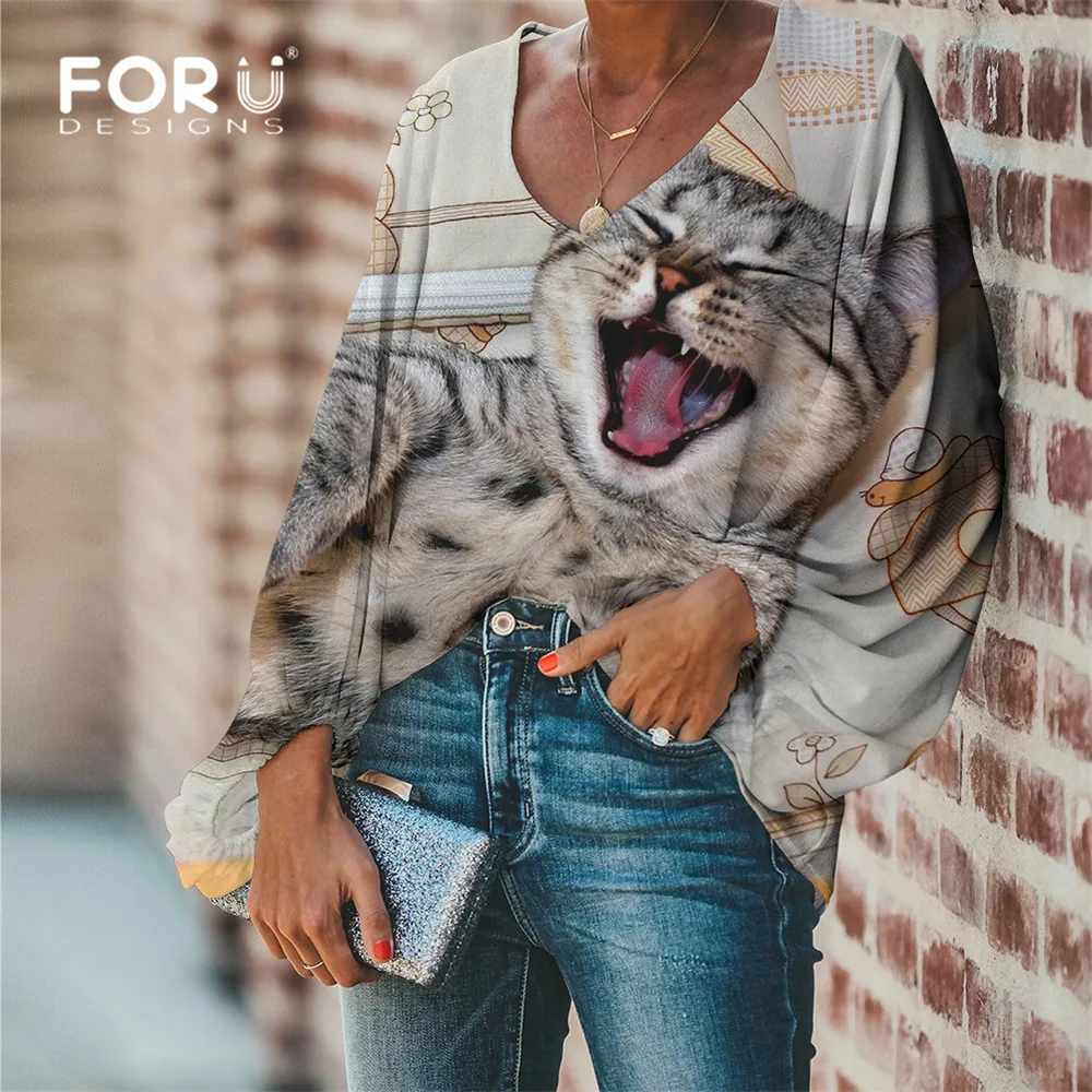 

FORUDESIGNS Cute Animal Cat Pattern Women's Blouse Long Sleeve Loose Ladies Shirt Harajuku Plus Size blusas mujer de moda 2020