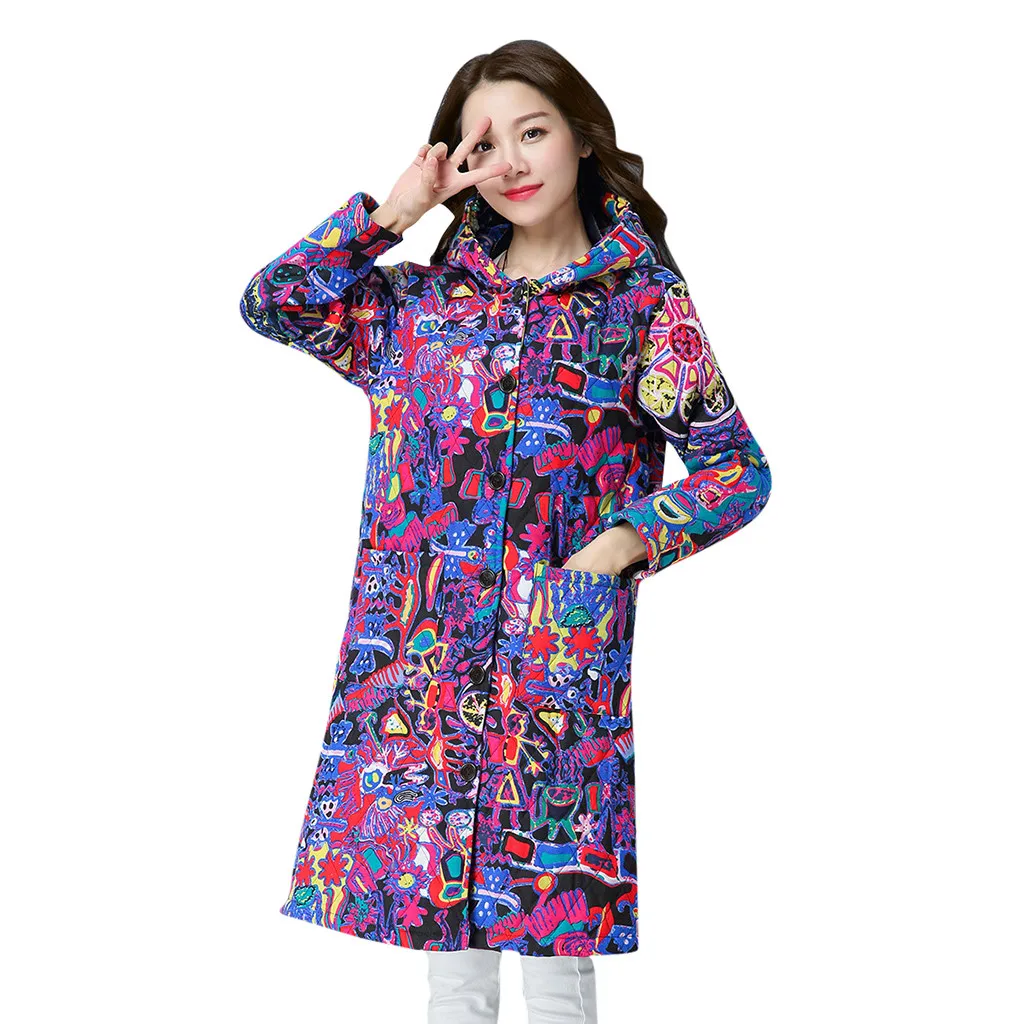 Фиолетовый Винтаж Abrigos Mujer Invierno свободная Длинная зимняя куртка женская парка на пуговицах с принтом теплое манто Femme Hiver M-4xl#33 - Цвет: Фиолетовый