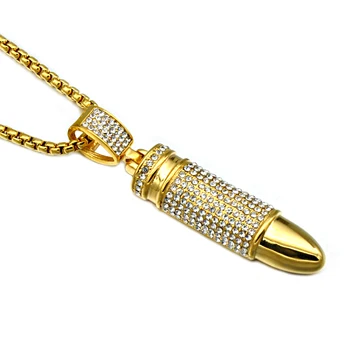 

US7 Bling Iced Out Bullet Head Charm Necklace Pendant Gold Color 316L Stainless Steel Necklaces & Pendants Hip Hop Jewelry