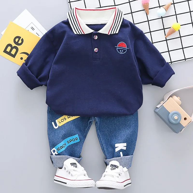 

Autumn Baby Clothes Set 2pcs Baby Boys Clothes Casual Long Sleeve Striped Print Shirt Tops+Cartoon Denim Pants Trouser Set