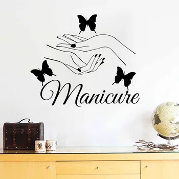 Billig Schönheit Nagel Salon Wand Aufkleber Maniküre Wand Abziehbilder Schmetterling Hände Zimmer Salon Dekoration Mädchen Schlafzimmer Decor Vinyl Kunst Wandmalereien