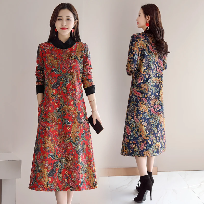 Fleece Lining Thicken Warm Jumper Dress Women Turtleneck Plus Size Long Sleeve Loose A-Line Tunic Floral Print Pullover Robe M20 5