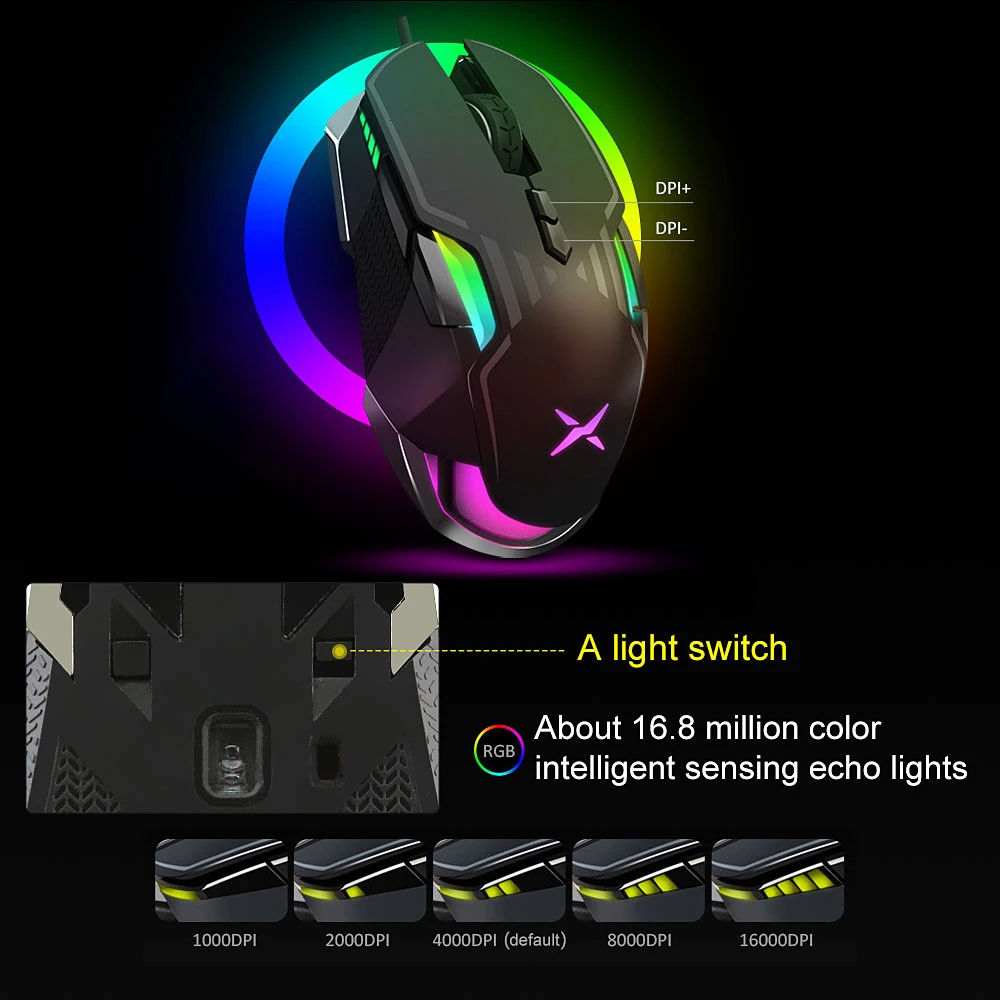 Компьютерная игровая мышь Delux M628 9 кнопок 16000DPI RGB Оптическая Проводная с обеими