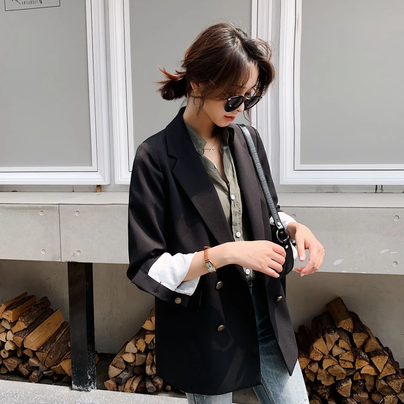 

2019 Autumn Clothing Korean-Style INS Business Able Classic Black Double Breasted Small Suit Short Suit Coat Women's OL