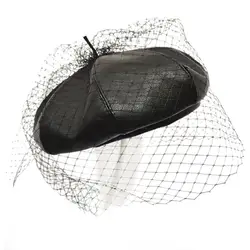 Очаровательная черная шляпа Шикарный кожаный французский берет с вуалью сетки шоу двухслойный женский берет шапочки шапка