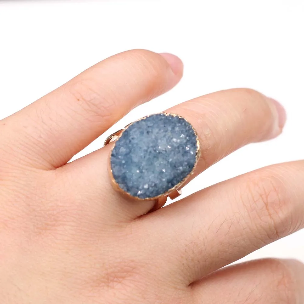 Natural Druzy Agates Rings Diamon-Studded Open Finger Rings Irregular Charm for Women Men Party Wedding Jewelry
