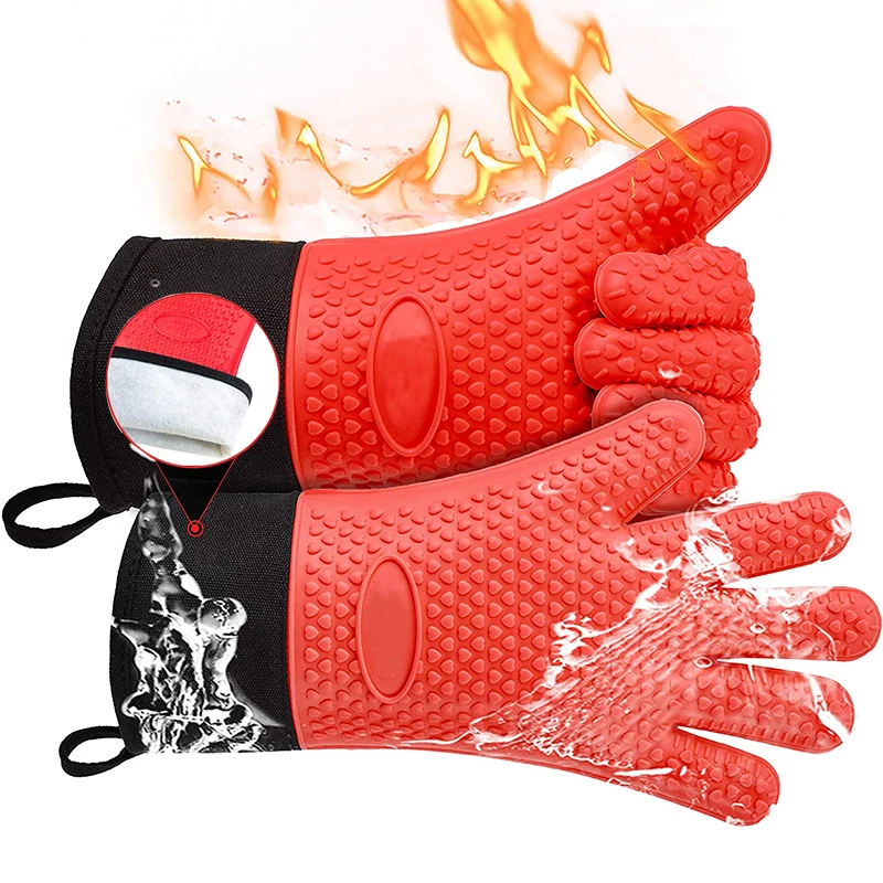 2Pcs Long Silicone Kitchen Gloves Bbq Grill Gloves Heat Resistant Microwave Oven Mitts With Cotton Lining Baking Cooking
