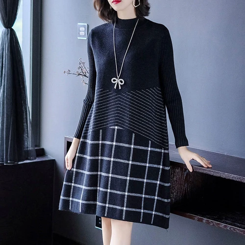 

Womens Sweater Dresses New Arrival 2019 Autumn Winter Knitted Wide Office Lady Plaid Dress Elegant Loose Long Sleeve Dress Cloth