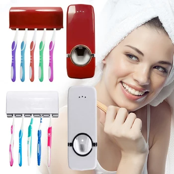 

bathroom toothpaste holder Hands Free Toothpaste Dispenser Automatic Toothpaste Squeezer and Holder Set (5 Brush Holder)