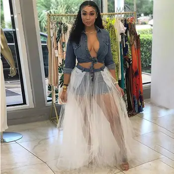 

NEONBABIPINK Trandy Sexy Maxi Skirt Plus Size Womens 2020 Jeans Denim Skirt With Mesh Pleated Long Skirts For Women N11-DC30