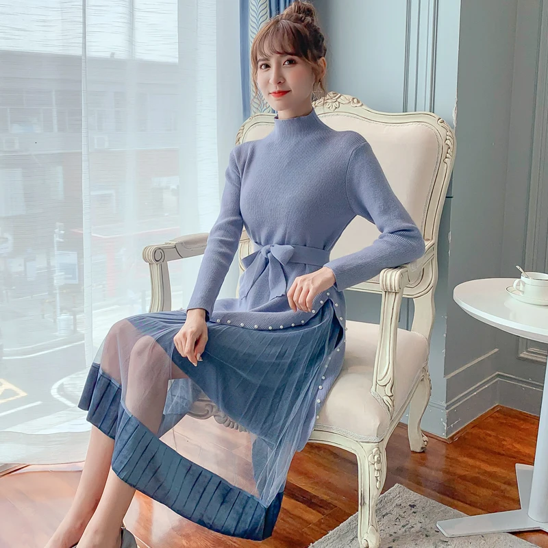 

2019 New Autumn Fashion Two Piece Set Women Beads Irregular Long Knit Sweater Dress + Pleated Gauze Skirt Set Conjunto Feminino