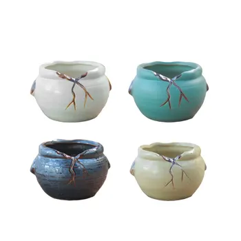 

4Pcs Ceramic Flower Pot Crack Grain Portable Flat Mouth Plants Holder Indoor Decor Fleshy Flowerpot for Succulents Fresh Flowers