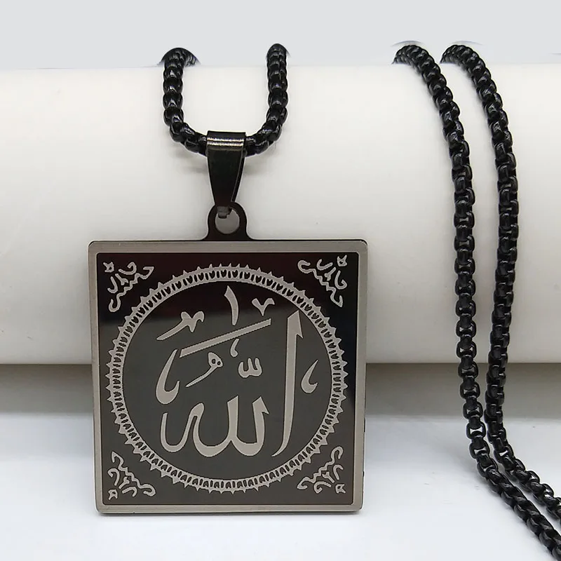 A 60cm BOX BK Письмо геометрический ислам Бог нержавеющая сталь мужская цепочка подвеска ювелирные изделия черный цвет ожерелье s Подвески Ювелирные изделия joyas N18985 - Окраска металла: A 60cm BOX BK