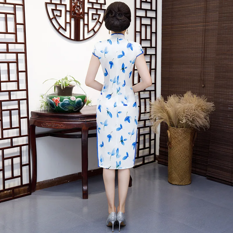 Летнее сексуальное вечернее платье с цветочным принтом китайское Элегантное Атласное Ципао винтажный китайский женский халат со стоячим