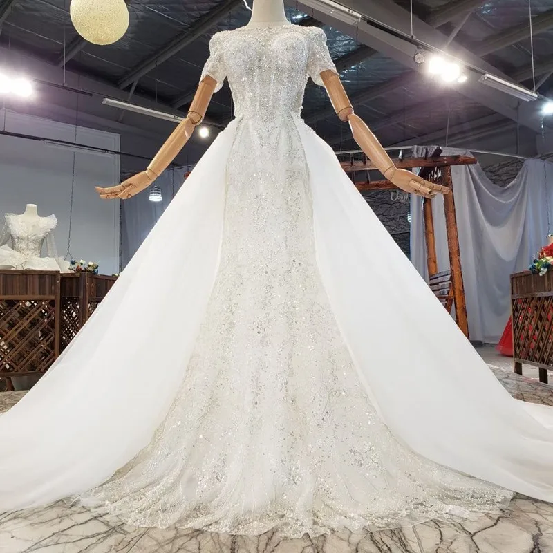 

2020 New Design Robe De Mariee 2020 Luxury Lace Mermaid Wedding Dress With Detachable Skirt Illusion Short Sleeve Wedding Gowns