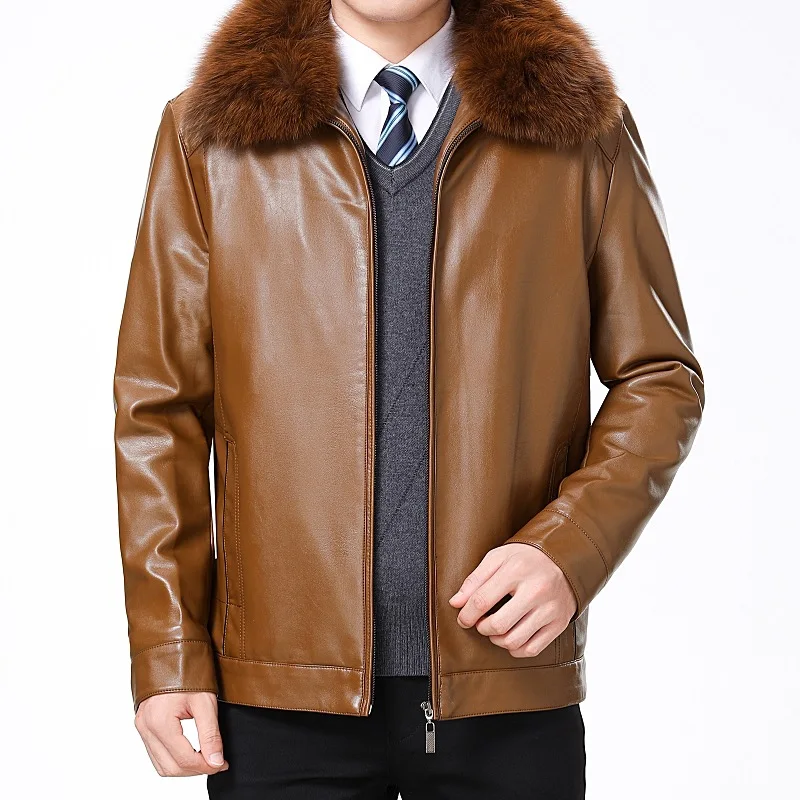

2019 Autumn And Winter New Style Middle-aged MEN'S Leather Coat Brushed And Thick Fur Casual Coat Fold-down Collar