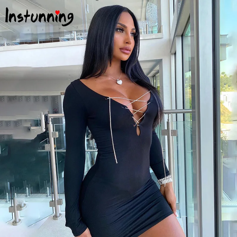 

Instunning Deep V-neck Diamond Chain Hollow out Women's Dress Long Sleeve Bodycon Slim Party Solid Autumn High Street Mini Dress