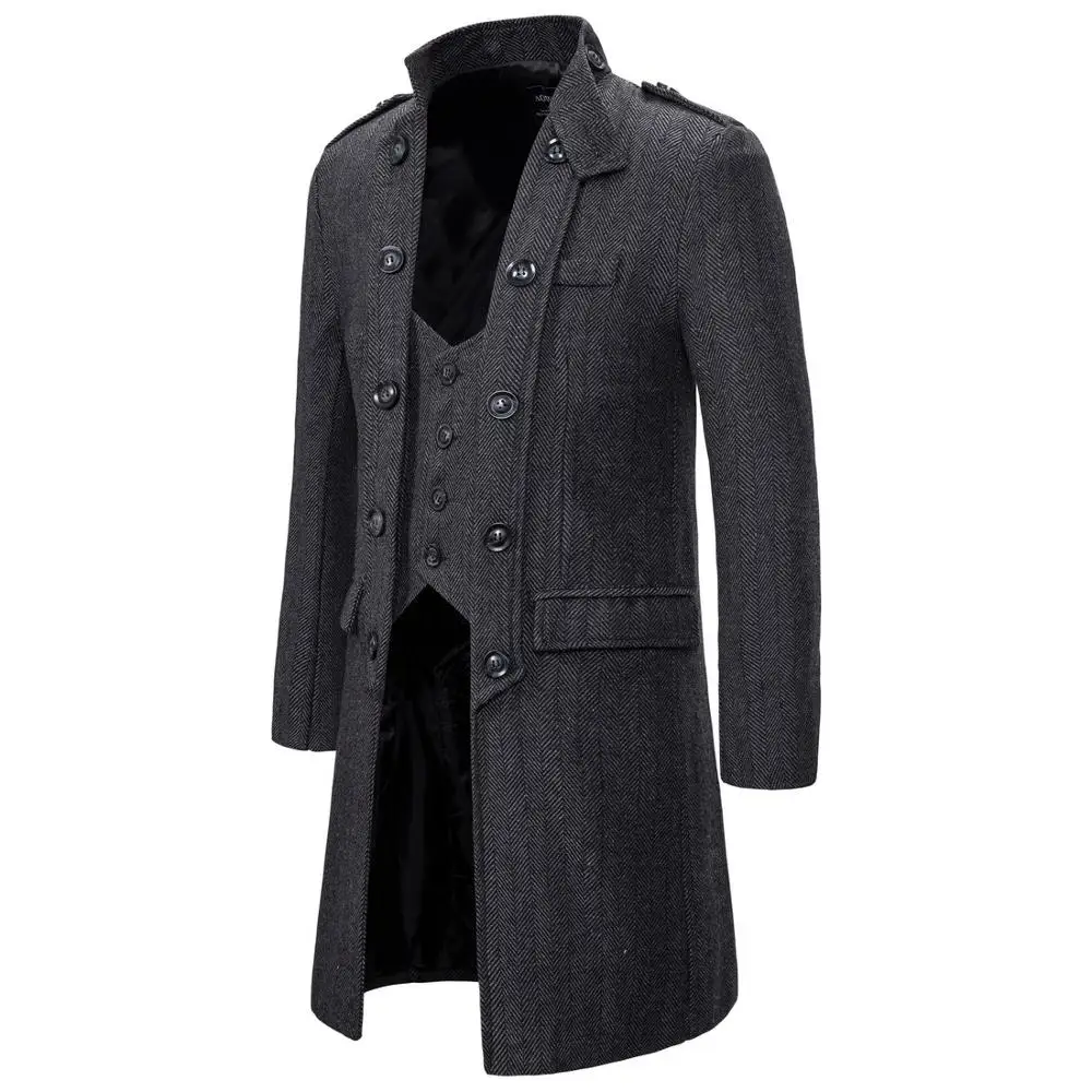 Хорошее качество зимние мужские поддельные из двух частей шерстяное пальто повседневная длинная куртка Мужские Винтажные корейские модные пальто abrigo hombre - Цвет: Темно-серый