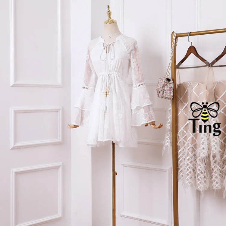 Tingfly дизайнерское стильное модное рукав-раструб Белый Boho мини-платье женское повседневное короткое платье с завязками на талии уличная одежда Vestidos