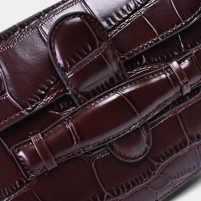 

Genuine Leather Crocodile Pattern Small Pockets Mini Small Bag Women's 2019 New Style Oblique Bag Western Style Retro Saddle Bag