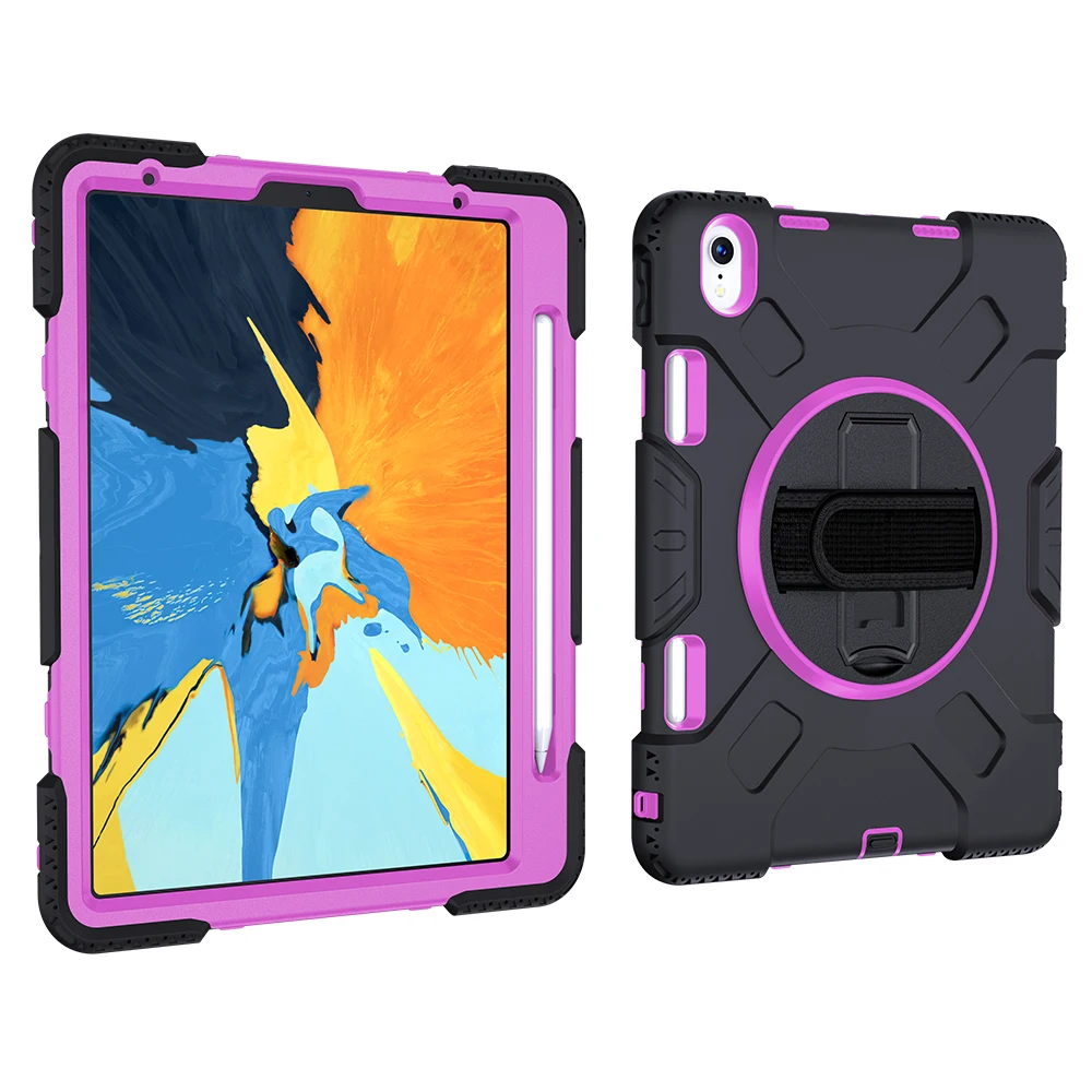 

For iPad Pro 11 inch 2018 Silicone Soft Back Cover Pencil Holder Support Protection Case with 360 Rotating Kickstand Strap JGX07