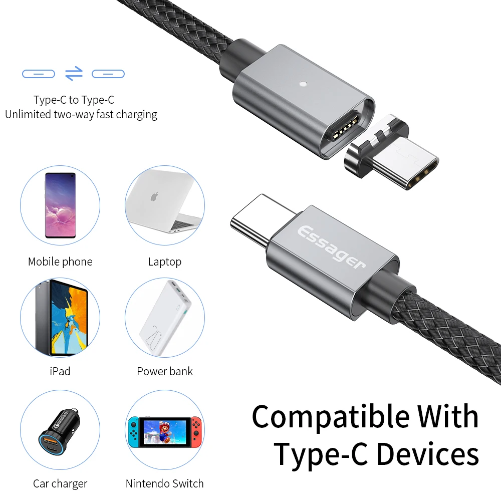 Магнитный кабель Essager 5A с разъемом usb type C и USB C для MacBook Pro 100 Вт, магнитное зарядное устройство PD, USB-C кабель type-C для samsung Note 10