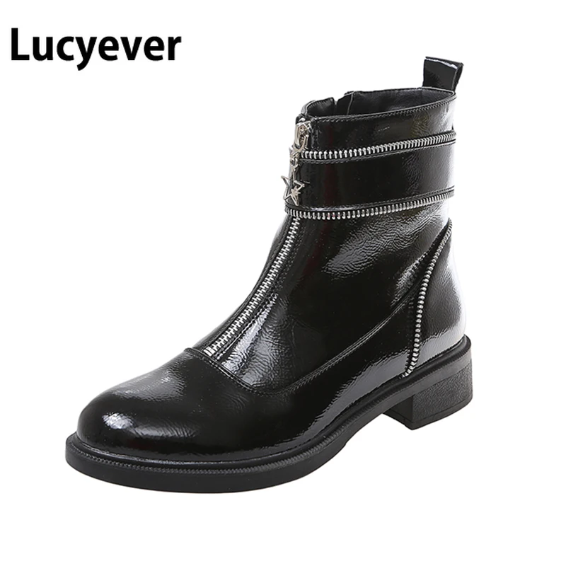 

Lucyever Patent Leather Botines Muejr 2019 Autumn Winter Fashion Square Heel Ankle Boots Women Metal Zipper Black Booties Mujer