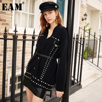 

[EAM] Rivet Big Size Knitting Cardigan Sweater Loose Fit V-Neck Long Sleeve Women New Fashion Tide Spring Autumn 2020 1K910