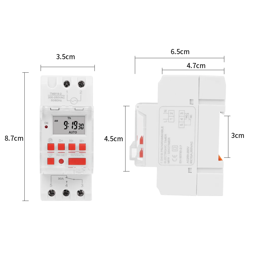 Heavy Duty 5000W 30A Weekly 7 Days Programmable Digital Time Switch Relay Timer Control AC 220V 230V Din Rail Mount 2