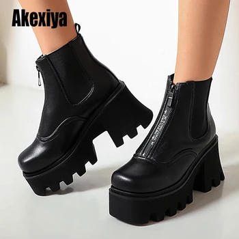 

Leather Platform Boots Women Round Toe Chelsea Boots Women Solid Black Designer Ankle Women's Boots Chunky Shoes u599